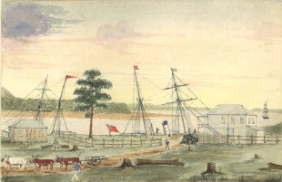 A watercolour of the original Port of Mackay by Charles Rawson, c. 1875. State Library of Queensland, raw00150